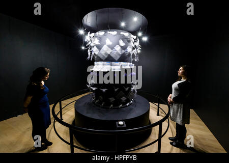 London, UK. 22nd Feb, 2017. January 2017 Horoscope in the form of a zoetrope by Camille Henrot - Electricity: The spark of life is a new exhibition opening at the Wellcome Collection in London which explores the story of electricity, its connections to our lives and how it has transformed our modern world. Featuring over 100 objects and three new commissions from celebrated artists, the exhibition contemplates the contradictory life-giving and death-dealing extremes generated by electricity. Credit: Guy Bell/Alamy Live News Stock Photo
