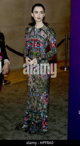 Los Angeles, Us. 21st Feb, 2017. Actress Lily Collins arrives at the 19th Costume Designers Guild Awards, CDGA, at Hotel Beverly Hilton in Los Angeles, USA, on 21 February 2017. - NO WIRE SERVICE - Photo: Hubert Boesl/dpa/Alamy Live News Stock Photo