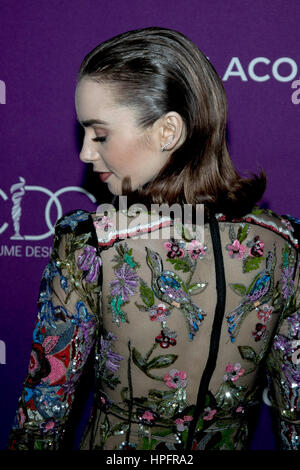 Los Angeles, Us. 21st Feb, 2017. Actress Lily Collins arrives at the 19th Costume Designers Guild Awards, CDGA, at Hotel Beverly Hilton in Los Angeles, USA, on 21 February 2017. - NO WIRE SERVICE - Photo: Hubert Boesl/dpa/Alamy Live News Stock Photo