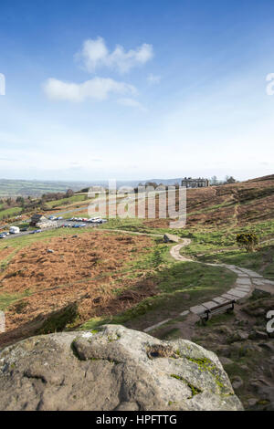 Ilkley, Yorkshire, UK. 22nd Feb, 2017. UK Weather. Sunshine and strong winds on Ilkley Moor, Yorkshire near the famous Cow and Calf rocks as the UK prepares for stormdoris Credit: Windmill Images/Alamy Live News Stock Photo