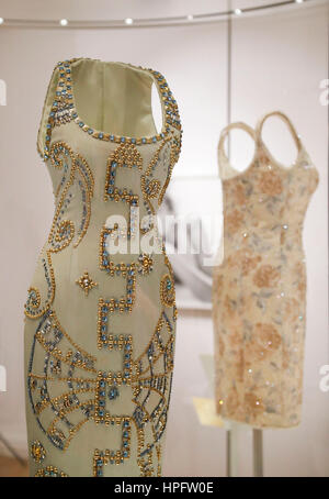 London, UK. 22nd Feb, 2017. A 1991 Versace ice-blue silk gown with beading (L) worn for a Harper's Bazaar photo-shoot is pictured at a press preview of 'Diana: Her Fashion Story' Exhibition at the Kensington Palace in London, Britain, on Feb. 22, 2017. Credit: Xinhua/Alamy Live News Stock Photo