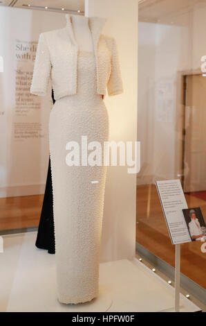 London, UK. 22nd Feb, 2017. A 1989 Catherine Walker dress and jacket dress embroidered with sequins and pearls, known as the 'Elvis Dress' is pictured at a press preview of 'Diana: Her Fashion Story' Exhibition at the Kensington Palace in London, Britain, on Feb. 22, 2017. Credit: Xinhua/Alamy Live News Stock Photo