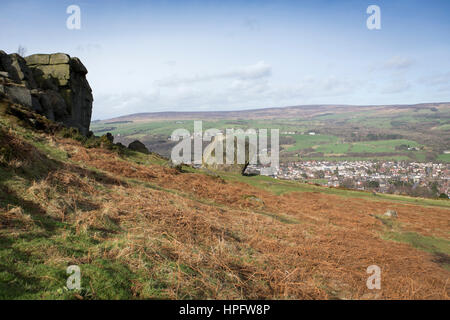 Ilkley,Yorkshire,UK. 22nd Feb,2017. Sunshine and strong winds on Ilkley Moor, Yorkshire near the famous Cow and Calf rocks as the UK prepares for stormdoris Stock Photo