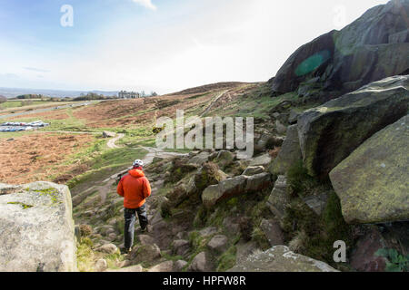 Ilkley,Yorkshire,UK. 22nd Feb,2017. Sunshine and strong winds on Ilkley Moor, Yorkshire near the famous Cow and Calf rocks as the UK prepares for stormdoris Stock Photo