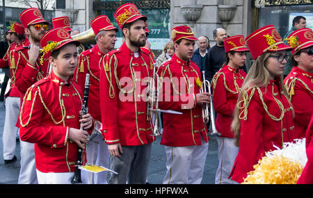 Belgrade, Serbia. 22nd Feb, 2017.  Majorettes and musicians from Herceg Novi (Montenegro) take part in the parade in the city center in Knez Mihailova Street in honor of the feast that celebrates the flowering of mimosa on the Adriatic coast which marks the end of winter and the beginning of spring season. Credit: Bratislav Stefanovic/Alamy Live News Stock Photo