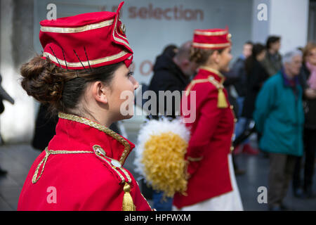 Belgrade, Serbia. 22nd Feb, 2017.  Majorettes and musicians from Herceg Novi (Montenegro) take part in the parade in the city center in Knez Mihailova Street in honor of the feast that celebrates the flowering of mimosa on the Adriatic coast which marks the end of winter and the beginning of spring season. Credit: Bratislav Stefanovic/Alamy Live News Stock Photo