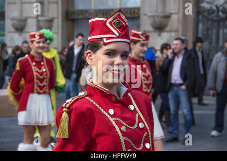 Belgrade, Serbia. 22nd Feb, 2017.  Majorettes and musicians from Herceg Novi (Montenegro) take part in the parade in the city center in Knez Mihailova Street in honor of the feast that celebrates the flowering of mimosa on the Adriatic coast which marks the end of winter and the beginning of spring season. Credit: Bratislav Stefanovic/Alamy Live News Stock Photo