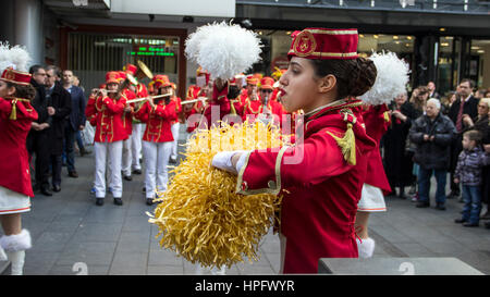 Belgrade, Serbia. 22nd Feb, 2017.  Majorettes and musicians from Herceg Novi (Montenegro) take part in the parade in the city center in Knez Mihailova Street in honor of the feast that celebrates the flowering of mimosa on the Adriatic coast which marks the end of winter and the beginning of spring season. Credit: Bratislav Stefanovic/Alamy Live News Stock Photo