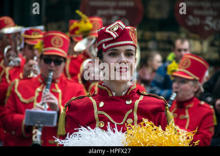 Belgrade, Serbia. 22nd Feb, 2017.  Majorettes and musicians from Herceg Novi (Montenegro) take part in the parade in the city center in Knez Mihailova Street in honor of the feast that celebrates the flowering of mimosa on the Adriatic coast which marks the end of winter and the beginning of spring season. Credit: Bratislav Stefanovic/Alamy Live News Stock Photo