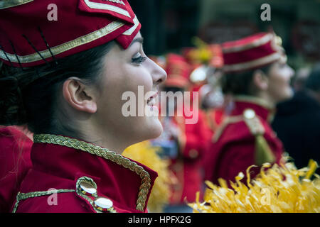 Belgrade, Serbia. 22nd Feb, 2017.  Majorettes and musicians from Herceg Novi (Montenegro) take part in the parade in the city center in Knez Mihailova Street in honor of the feast that celebrates the flowering of mimosa on the Adriatic coast which marks the end of winter and the beginning of spring season. Credit: Bratislav Stefanovic/Alamy Live News Stock Photo