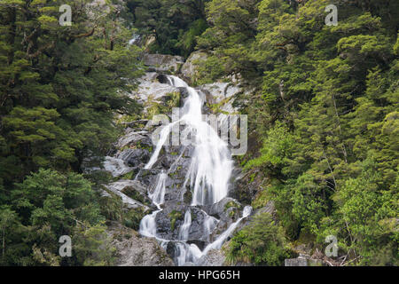 Haast Pass, Mount Aspiring National Park, West Coast, New Zealand. Fantail Falls. Stock Photo