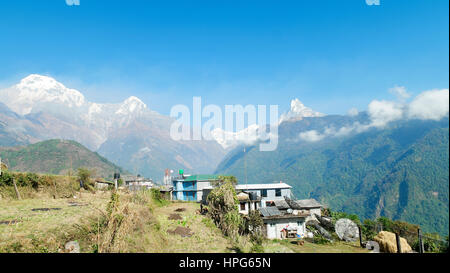 Annapurna Mountain Range from Ghandruk village in Kaski, Nepal. Stock Photo