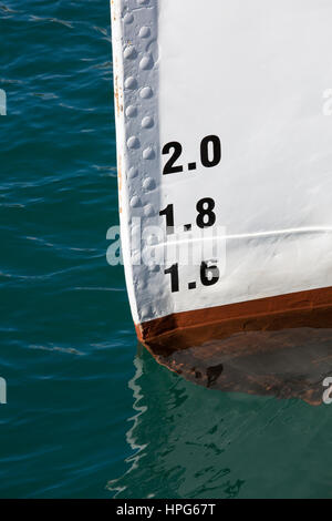 Queenstown, Otago, New Zealand. Draught marks on bow of the historic steamship TSS Earnslaw. Stock Photo