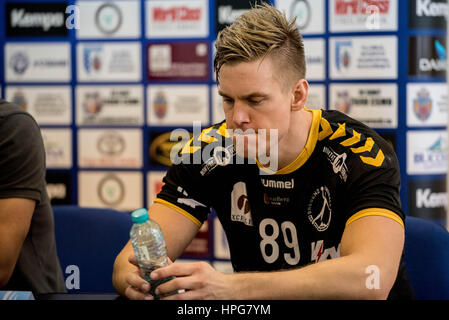 October 11, 2015: Lie Hansen #89 of Bregenz Basketball at the press conference after the European Handball Federation (EHF) Cup Men Qualification Round 2 game between  CSM Bucharest (ROU) vs Bregenz Handball (AUT) at Polyvalent Hall in Bucharest, Romania ROU.   Photo: Cronos/Catalin Soare Stock Photo