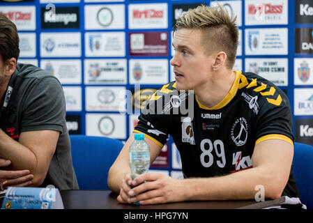 October 11, 2015: Lie Hansen #89 of Bregenz Basketball at the press conference after the European Handball Federation (EHF) Cup Men Qualification Round 2 game between  CSM Bucharest (ROU) vs Bregenz Handball (AUT) at Polyvalent Hall in Bucharest, Romania ROU.   Photo: Cronos/Catalin Soare Stock Photo