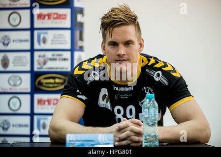 October 11, 2015: Lie Hansen #89 of Bregenz Basketball at the press conference after the European Handball Federation (EHF) Cup Men Qualification Round 2 game between  CSM Bucharest (ROU) vs Bregenz Handball (AUT) at Polyvalent Hall in Bucharest, Romania ROU.   Photo: Cronos/Catalin Soare Stock Photo