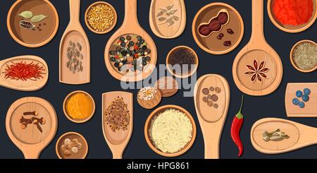 Wooden spoons and bowls with Realistic popular culinary spices. Shop logo. Store sign. Chili pepper, paprika, nutmeg, coriander, anise etc. For health Stock Vector