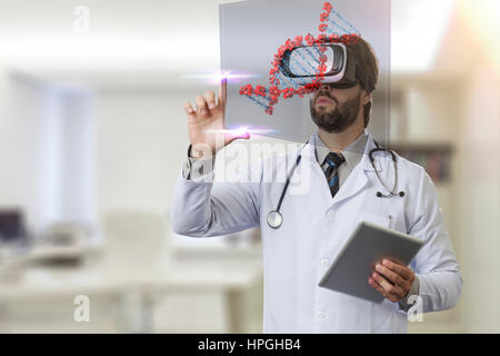 Male doctor in his office, using a Virtual Reality Glasses, looking at a virtual DNA. Stock Photo