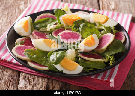 Spring salad of watermelon radishes, eggs, spinach and arugula close-up on a plate. horizontal Stock Photo