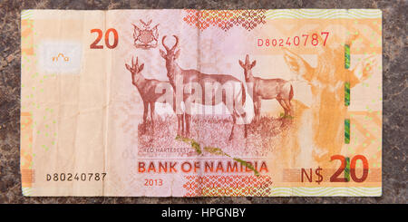 A close up shot of the rear of a 20 Namibian Dollar paper banknote Stock Photo