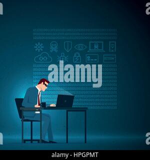 Business concept illustration. Corporate cyber crimes concept. The masked businessman is working with the computer. Internet and data security related Stock Vector