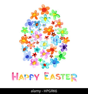 Happy Easter - Egg of watercolor flowers and greeting Stock Photo