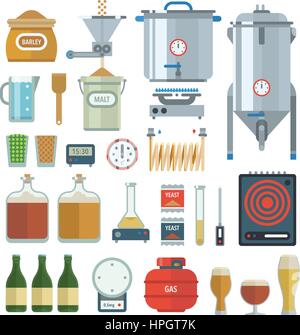 Home brewing process items. All you need for brew home made craft beer. Elements for home brewery. Mashing, cooling, fermentation, bottling. Creative  Stock Vector