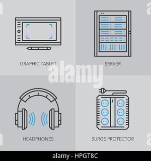 Unique detailed thin line icons for business. Office technics and electronic devices logo. Headphones, server, graphic table, and surge protector. Vec Stock Vector