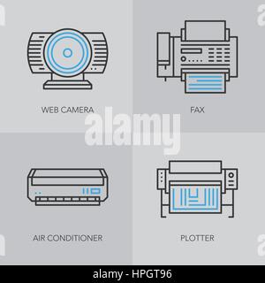 Unique detailed thin line icons for business. Office technics and electronic devices logo. Laptop, printer, calculator and table fan. Vector illustrat Stock Vector