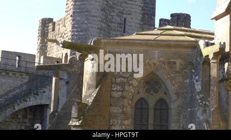 Architectural detail of roof tiles and tower at Cite de Carcassonne, Carcassonne, South West France Stock Photo