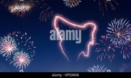 A dark night sky with a sparkling red firecracker in the shape of Tasmania composed into.(series) Stock Photo