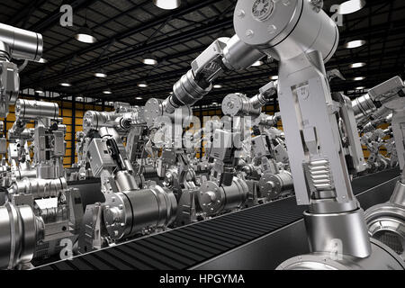 3d rendering robotic arms with empty conveyor belt Stock Photo