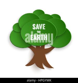 Save the Earth Stamp on Paper Cut Tree, Vector Eco Concept, motivation card for Earth day, isolated design element Stock Vector