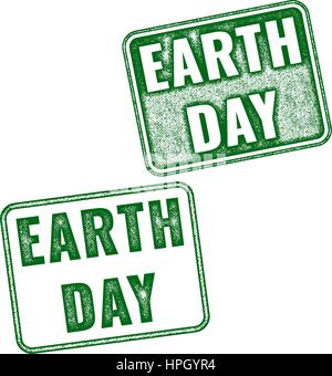 Two green realistic vector Earth Day grunge rubber stamps isolated on white background Stock Vector