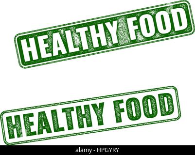 Set of green realistic vector Healthy Food grunge rubber stamp isolated on white background. Stock Vector