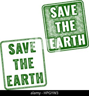Two green realistic vector Save The Earth grunge rubber stamps isolated on white background Stock Vector