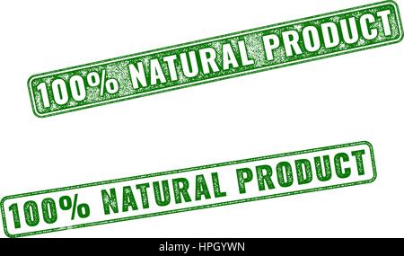 Set of green realistic vector 100 percent Natural Product grunge rubber stamp isolated on white background. Stock Vector