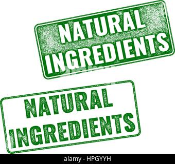 Set of green realistic vector Natural Ingredients grunge rubber stamp isolated on white background. Stock Vector