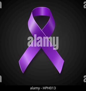Purple awareness realistic ribbon over black background with drop shadow Stock Vector
