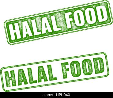 Set of green realistic vector Halal Food grunge rubber stamp isolated on white background. Halal food vector stamp Stock Vector