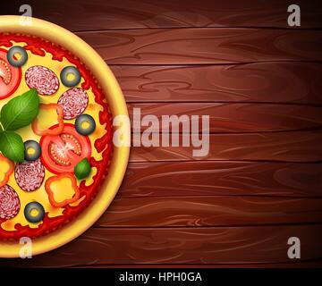 Realistic vector Pizza recipe or menu wood background. Pizza with tomatoes and pepperoni on wooden table Stock Vector
