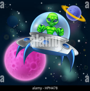 Cartoon alien spaceship or flying saucer in space scene with a moons and planets in the background Stock Photo