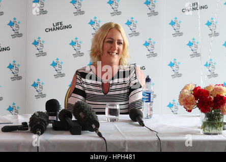 Mother of four Beverley Doran, 37, from West Yorkshire celebrates at the Hollins Hall Marriott Hotel & Country Club in Bradford after scooping a &pound;14,509,500 jackpot prize on last Friday's (17 Feb 2017) EuroMillions draw. Stock Photo