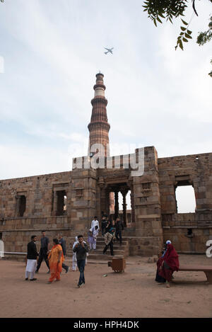 Qutab Minar is a soaring, 73 m-high tower of victory, built in 1193 by Qutab-ud-din Aibak immediately after the defeat of Delhi's last Hindu kingdom. Stock Photo