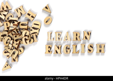 Study English language. Wooden letters. Learning concept. Isolated on white Stock Photo