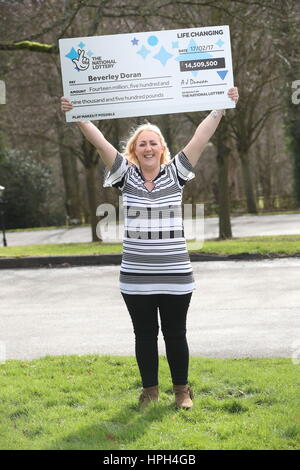 Mother of four Beverley Doran, 37, from West Yorkshire, celebrates at the Hollins Hall Marriott Hotel & Country Club in Bradford after scooping a &pound;14,509,500 jackpot prize on last Friday's (17 Feb 2017) EuroMillions draw. Stock Photo