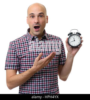 shocked man with alarm clock isolated on white Stock Photo