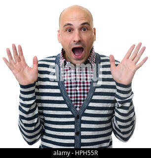 Shocked dazed young man in plaid shirt isolated on white background Stock Photo