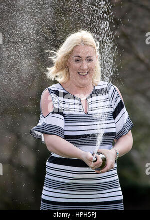 Mother of four Beverley Doran, 37, from West Yorkshire, celebrates at the Hollins Hall Marriott Hotel & Country Club in Bradford after scooping a &Acirc;&pound;14,509,500 jackpot prize on last Friday's (17 Feb 2017) EuroMillions draw. Stock Photo