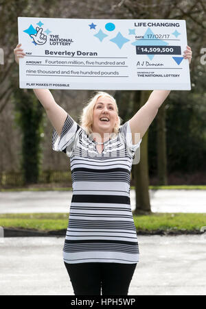 Mother of four Beverley Doran, 37, from West Yorkshire, celebrates at the Hollins Hall Marriott Hotel & Country Club in Bradford after scooping a £14,509,500 jackpot prize on last Friday's (17 Feb 2017) EuroMillions draw. Stock Photo